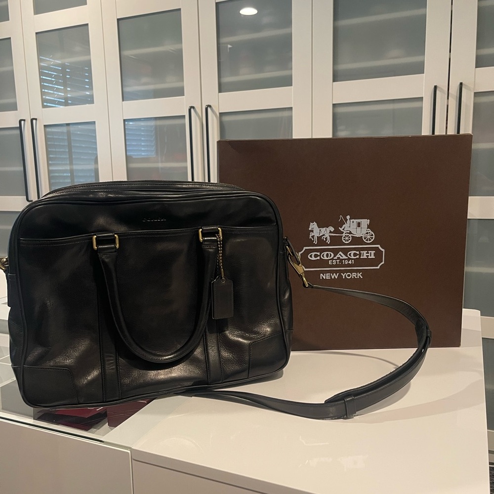 Coach Black Leather Briefcase with Gold Hardware